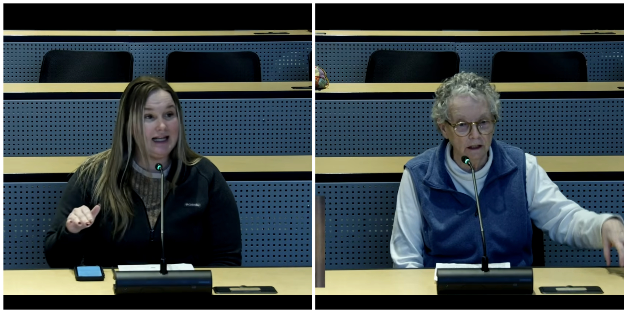 side by side screenshots of two women speaking at an event